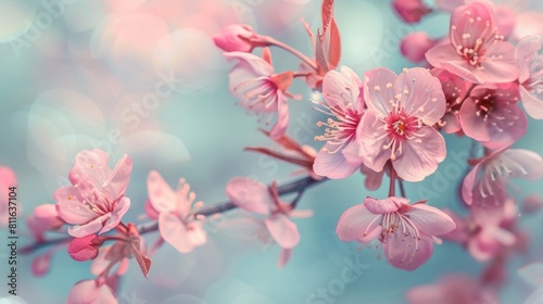 beautiful blooming cherry flowers on a blurred background  creating a bokeh effect. The flowers have a soft pink color with yellow and red cores