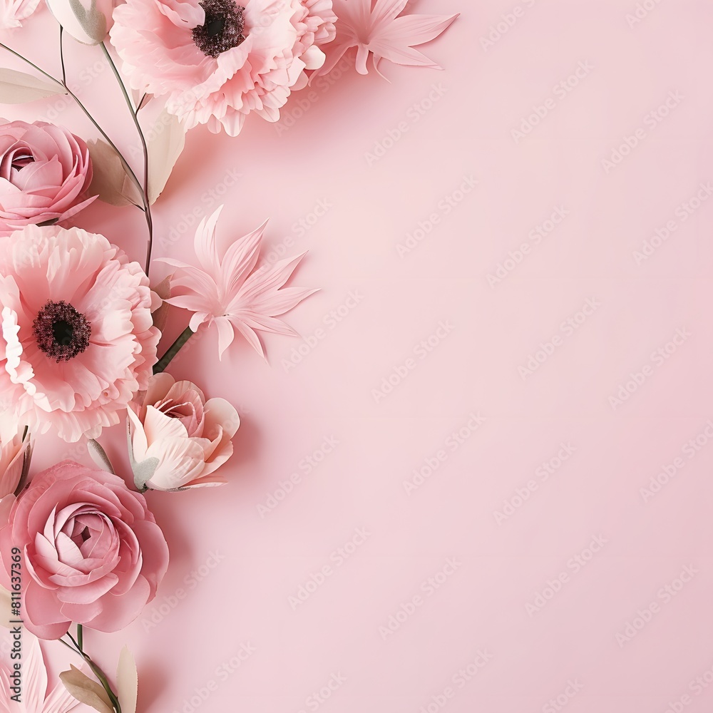 Pink background with flowers. Generative AI.