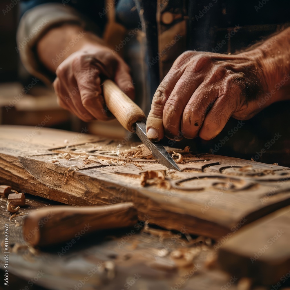 A detailed closeup stock photo showing the hands of a carpenter using a chisel on a piece of oak wood in a welllit workshop, suitable for tool advertisements, with space for text A detailed closeup stock photo showing the hands of a carpenter using a chisel on a piece of oak wood in a welllit workshop, suitable for tool advertisements, with space for text