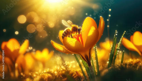 A close-up of Bee Pollinating Sunlit Dewy Crocuses