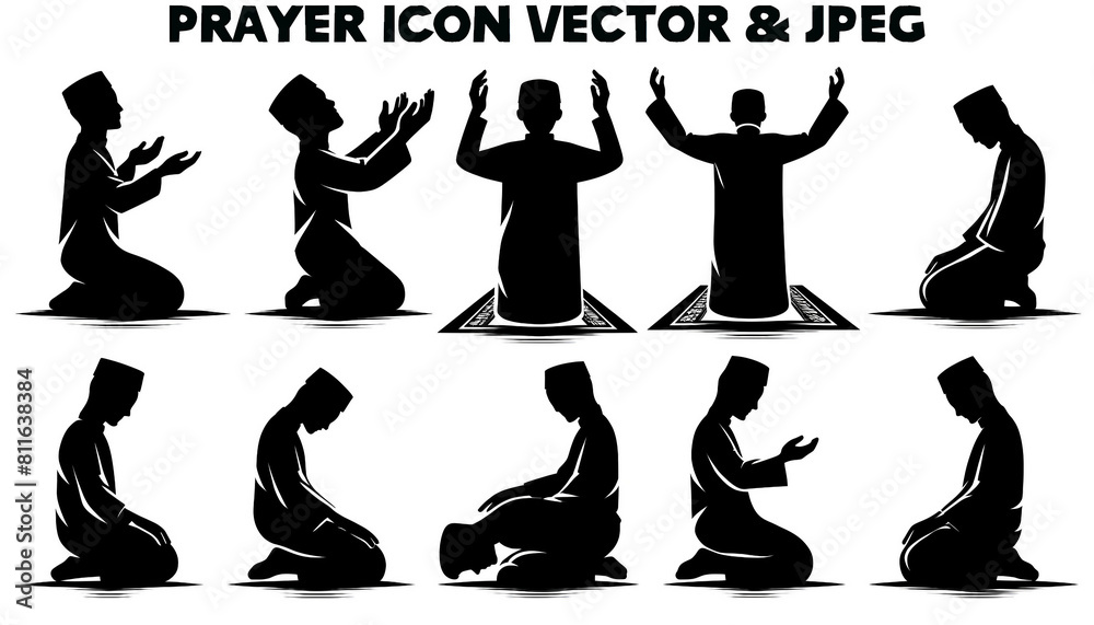 Set of Prayer Position Silhouettes in Vector and JPEG Format
