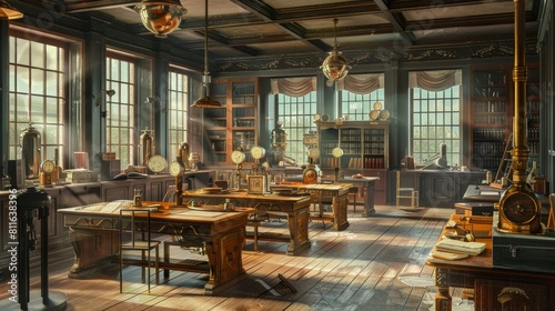 Steampunk Illustration of a Victorian classroom with brass and wood contraptions teaching physics through mechanical interactions photo