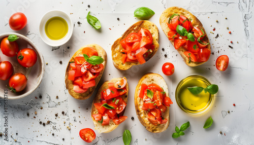 Italian Appetizer Delight: Rustic Bruschetta with Tomato, Basil, and Garlic. Versatile Background: Perfect for Various Projects