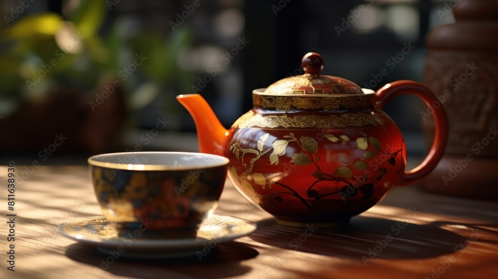 a teapot and a cup placed near the window at sunset and Beside the teapot there is a teacup and a saucer plate a teapot and a cup placed near the window at sunset and Beside the teapot there is a teacup and a saucer plate