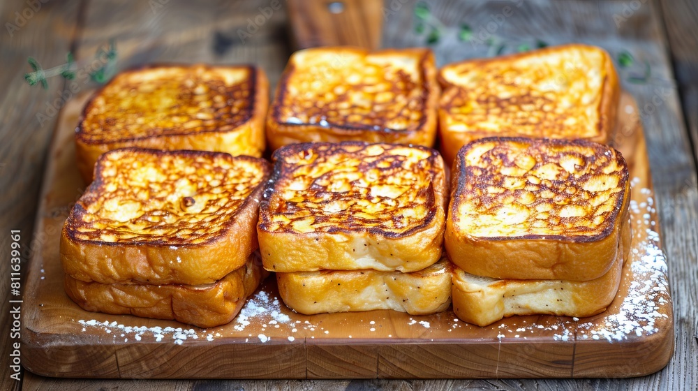 French toast on a wooden cutting board.