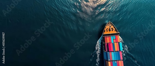 Aerial view of a container ship with empty space for design on a banner or website