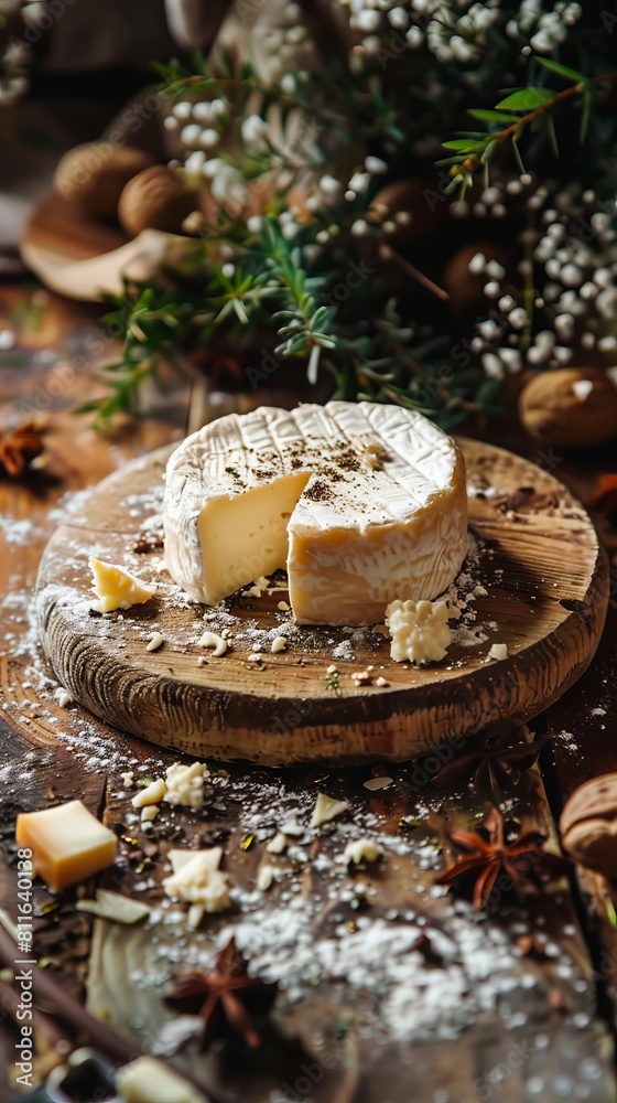 A cheese on a wooden board with spices and nuts. A cheese on a wooden board with spices and nuts.
