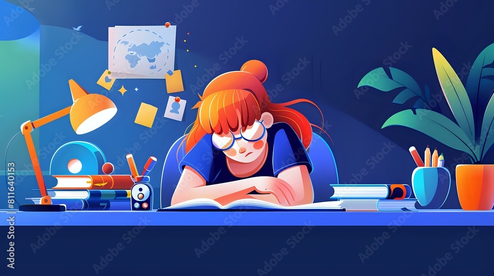 Young woman studying language acquisition at her desk