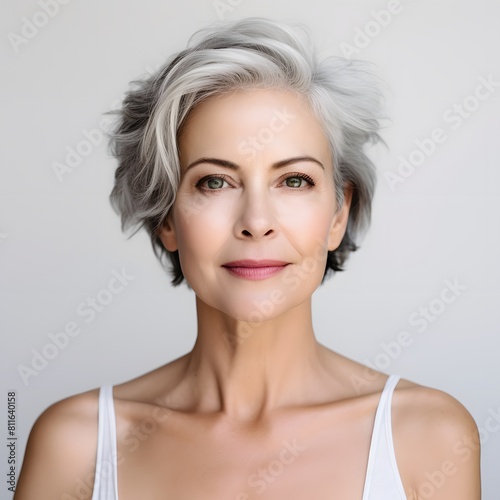 Portrait of beautiful senior woman with short white hair. Generative AI.