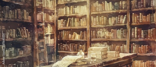 An antiquestyle watercolor illustration of a medieval scholar in a library surrounded by ancient books, with a blank banner for adding quotes photo