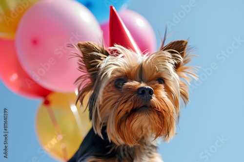 An endearing Yorkshire Terrier pup looking adorably puzzled while wearing a tiny red party hat, surrounded by colorful balloons against a clear blue sky. © PZ Studio