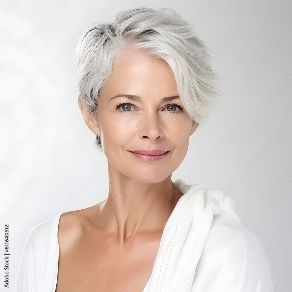 Portrait of beautiful senior woman with short white hair. Generative AI. Portrait of beautiful senior woman with short white hair. Generative AI.