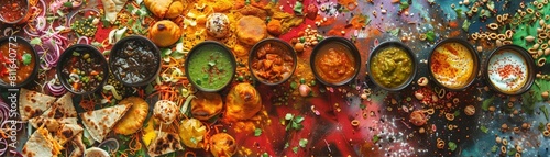 An intricate explosion of ethnic cuisine featuring samosas and chutneys photo