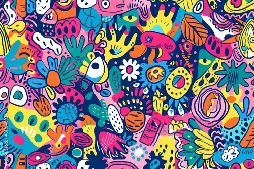 Bold and vibrant  this seamless pattern features a riot of colorful doodles arranged in a mesmerizing display  sure to inspire creativity in all who behold it.