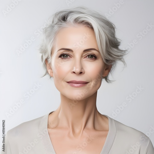 Portrait of beautiful senior woman with short white hair. Generative AI.