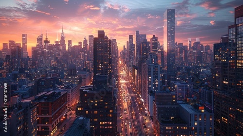 Captivating Skyline Symphony Dusk Cityscape with Twinkling Lights and Bustling Traffic