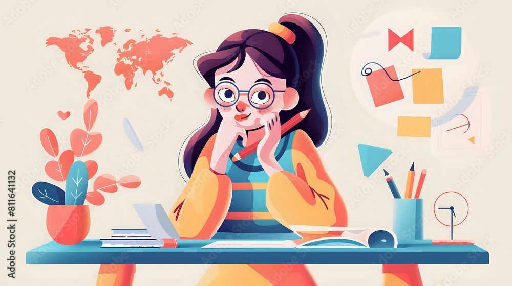 Language acquisition journey with a young woman at her desk Language acquisition journey with a young woman at her desk