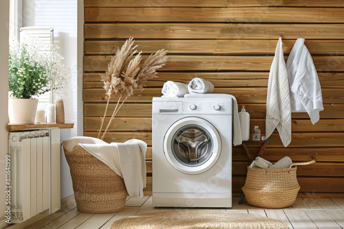 Cozy home laundry room with a white washing machine. AI generati photo