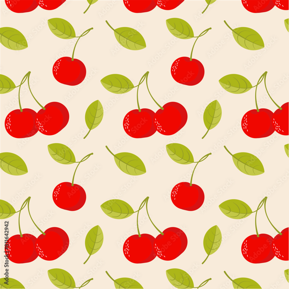 Summer fruit seamless pattern with cherry and leaves. Vector illustration in flat style on beige background Summer fruit seamless pattern with cherry and leaves. Vector illustration in flat style on beige background