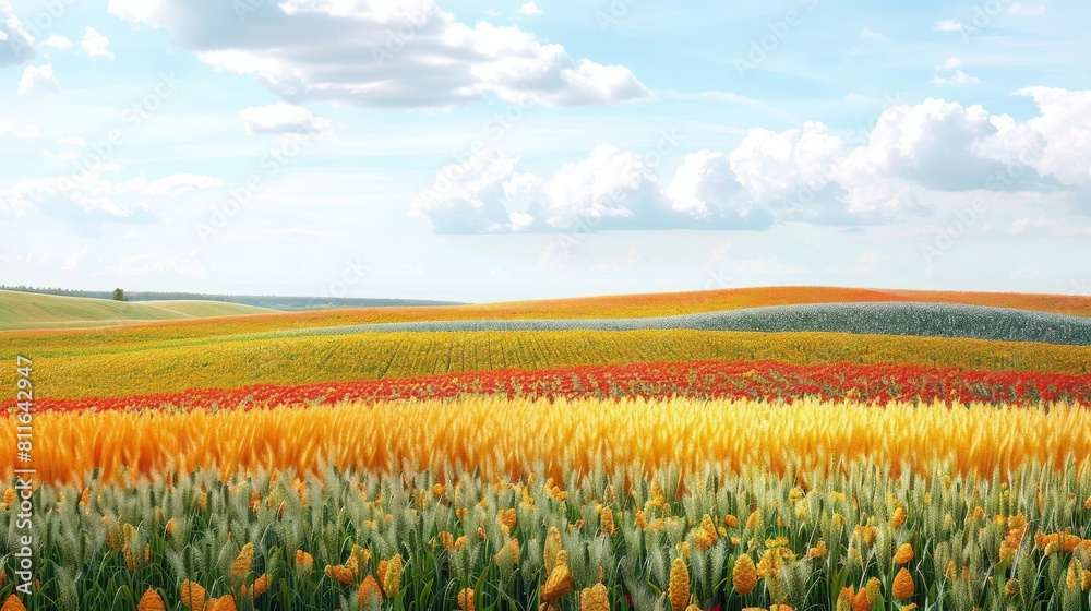 A field of flowers with a bright yellow field in the foreground