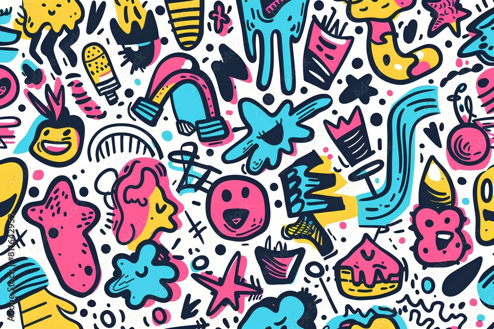Bursting with energy, this fun and dynamic seamless pattern features an assortment of lively doodles in a bright and cheerful color palette.