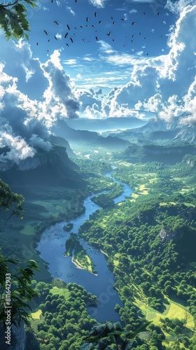 Enchanting River Winding Through Lush Valley Landscape with Drifting Clouds and Birds