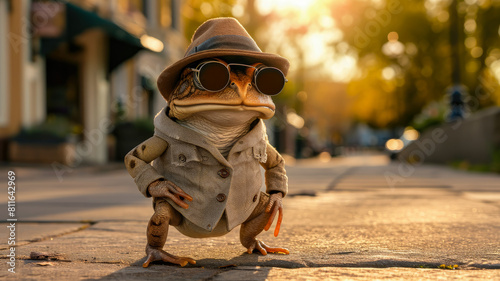 Dapper toad hops through city streets in tailored splendor, epitomizing street style.