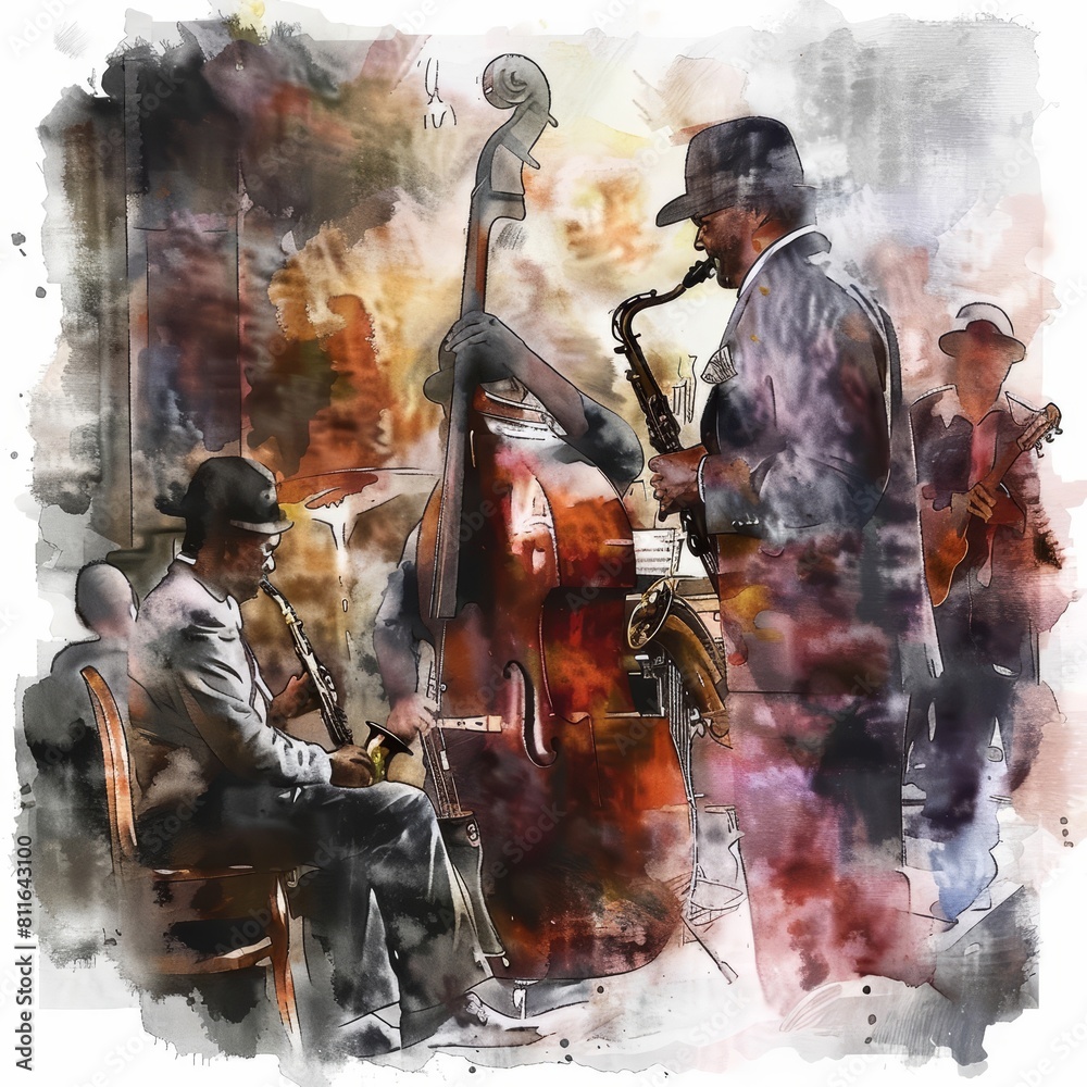 Fototapeta premium Creative watercolor of a lively jazz band performing in a smoky underground club, depicted in vintage styles, clipart watercolor on white background