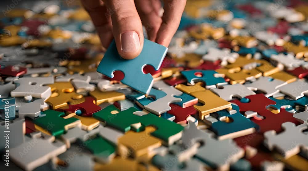 Hand put the piece of jigsaw puzzle to complete the mission, Business solutions, success and strategy concept Hand put the piece of jigsaw puzzle to complete the mission, Business solutions, success and strategy concept