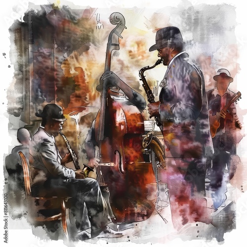 Creative watercolor of a lively jazz band performing in a smoky underground club, depicted in vintage styles, clipart watercolor on white background