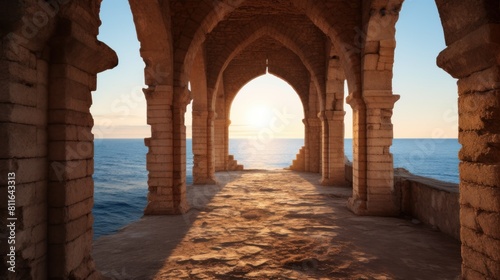 calm and peaceful view. There is an ancient structure made of stone, with arches and columns facing the sea