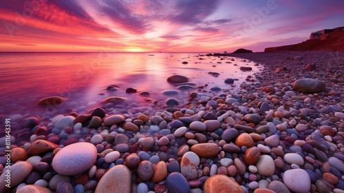 beautiful sunset on the rocky beach. The pink and purple sky creates a calm and peaceful atmosphere. © Daisha