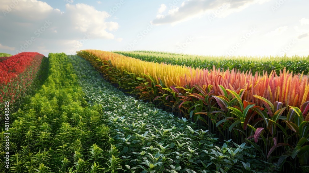 Fototapeta premium A field of flowers and crops with a bright, colorful sky in the background