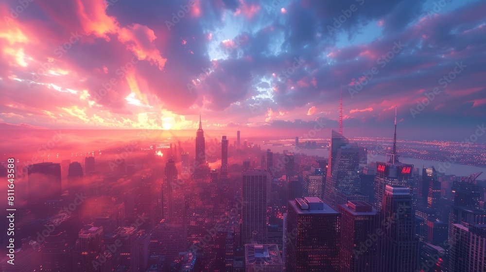Cityscape Concerto Vivid Sunrise over Illuminated Skyscrapers in Futuristic Metropolis