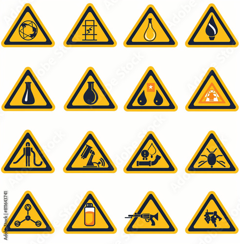  Abstract vector set of yellow triangle warning signs with different icons on a white background  simple design 