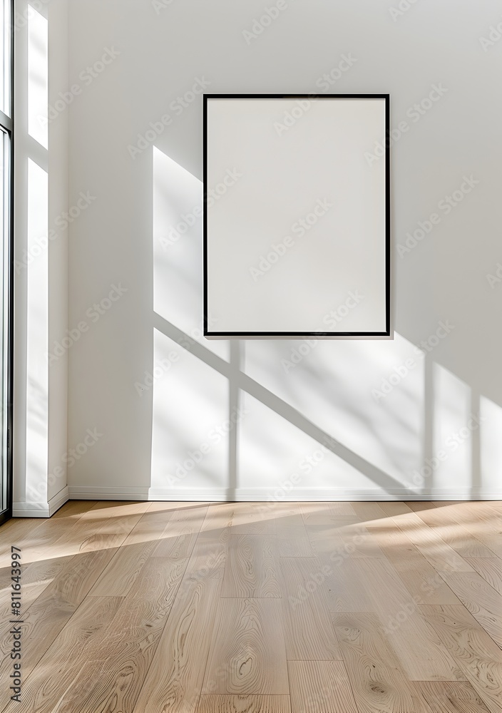 A blank poster frame hung on the wall of an empty room, with light wood floors and white walls A blank poster frame hung on the wall of an empty room, with light wood floors and white walls