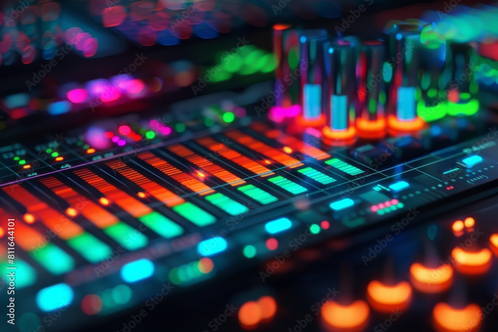 Detailed close-up of a sound board showing colorful lights and controls