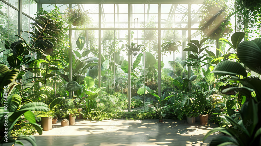 A large greenhouse filled with plants and trees A large greenhouse filled with plants and trees
