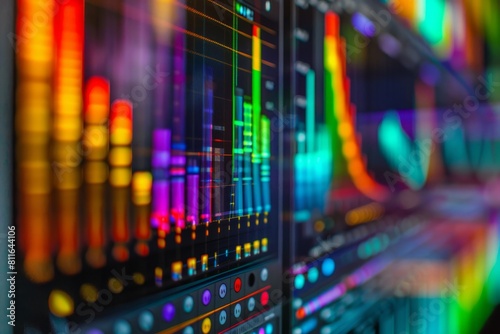Close-up of computer screen showing vibrant audio equalizer with colorful lights reflected in detail