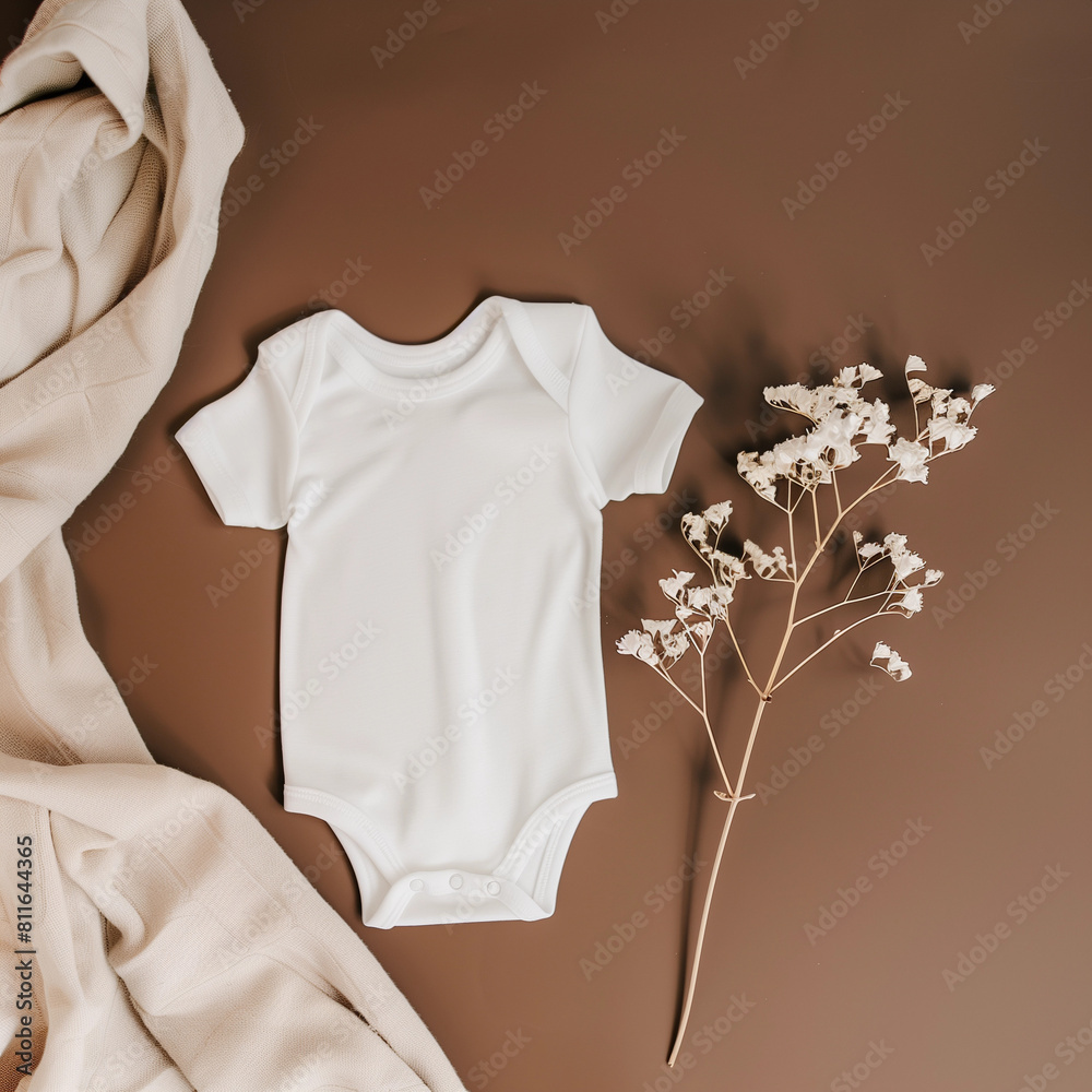 Above flatlay view white blank baby bodysuit POD mockup dried flowers stem natural earthy brown taupe beige boho rustic chic theme modern lux print on demand mockup infant toddler clothing background Above flatlay view white blank baby bodysuit POD mockup dried flowers stem natural earthy brown taupe beige boho rustic chic theme modern lux print on demand mockup infant toddler clothing background
