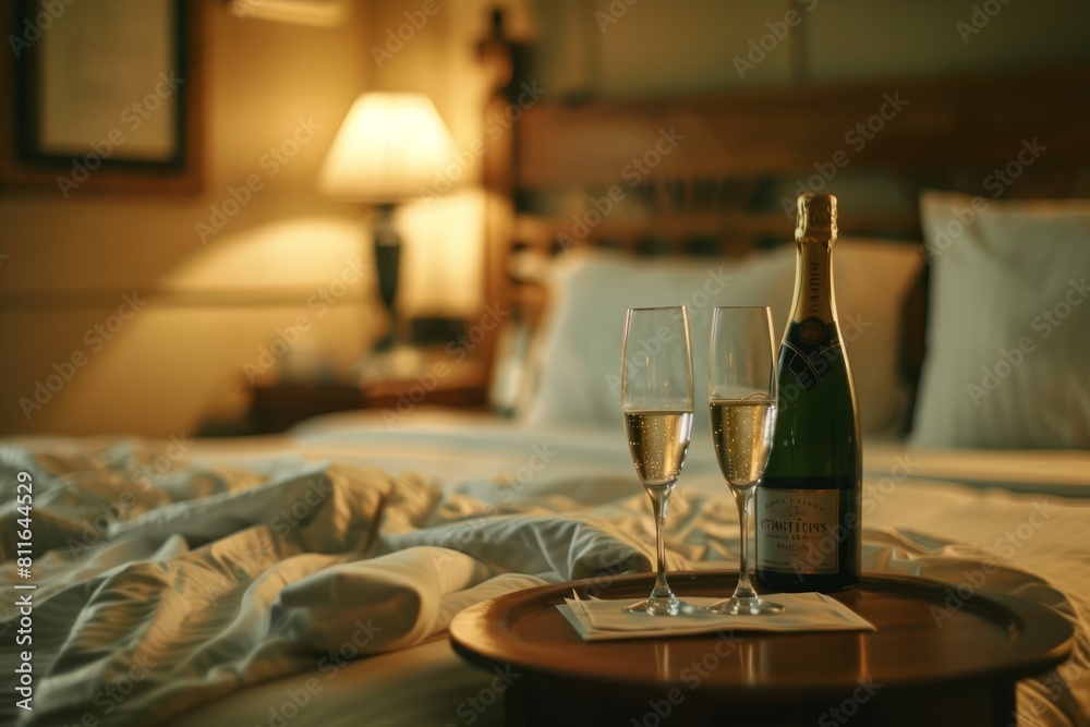 A champagne bottle and two glasses placed on a bed in a commercial photography setting