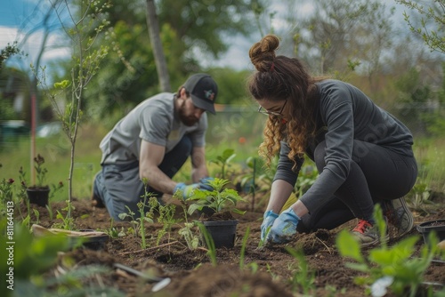 A man and woman actively gardening together, tending to plants and soil in a community volunteer initiative