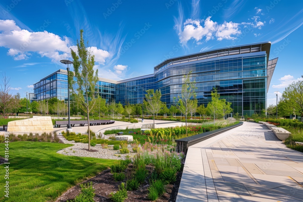 A modern glass building stands tall next to a lush green park with neatly trimmed lawns and trees