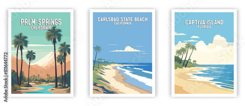 Palm Spring  Carlsbad State Beach  Captiva Island Illustration Art. Travel Poster Wall Art. Minimalist Vector art