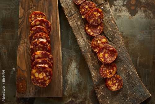 Top-down view of a wooden cutting board covered with slices of rustic pepperoni