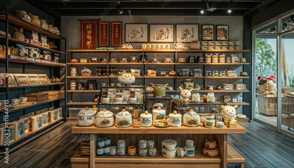 A museum gift shop selling cookbooks and utensils related to dumplingmaking, along with souvenir dumpling plush toys