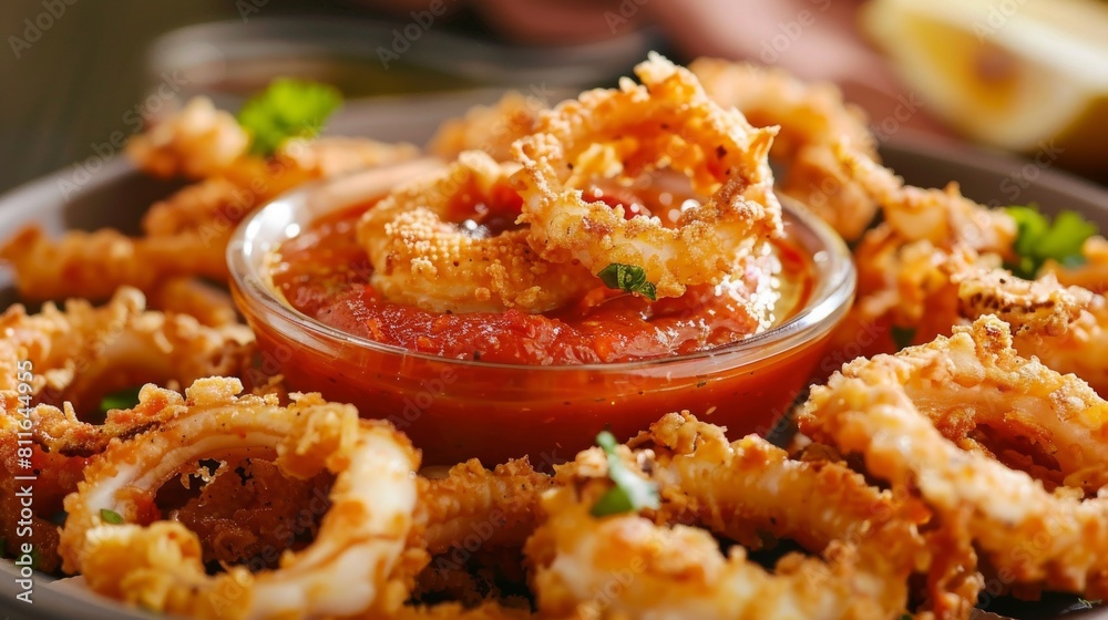Crispy Fried Calamari Rings with Marinara Dipping Sauce | Appetizer Dish for Restaurant Menus and Seafood Cuisine Promotion Crispy Fried Calamari Rings with Marinara Dipping Sauce | Appetizer Dish for Restaurant Menus and Seafood Cuisine Promotion