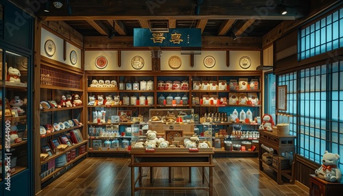 A museum gift shop selling cookbooks and utensils related to dumplingmaking, along with souvenir dumpling plush toys