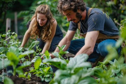 A man and a woman actively tending to plants in a community volunteer gardening initiative
