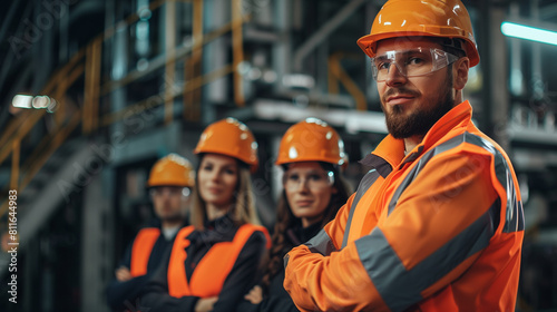 stockphoto, copy space, Group of multiracial industrial workers standing confident at industrial factory wearing safety vest and hardhat. Diversity co-workers standing. Multicultural collegues.